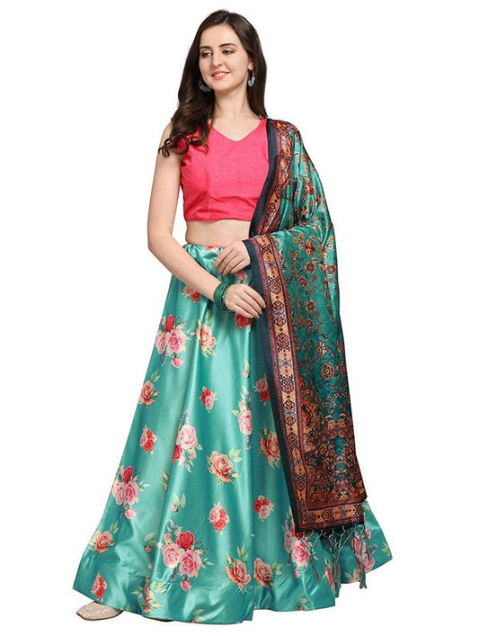 Bandhni Patola Type Digital Print Shiney Satin Croptop Lehenga Choli With Blouse For Women and Girls