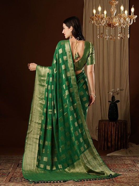 Green Georgette Woven Saree With Tassels on Pallu and Stitched Green Blouse