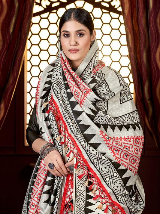 Off White Designer Digital Printed Pashmina Saree