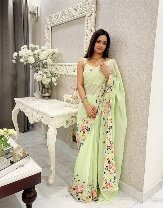 Green Multy Thread & Sequance Embroidery Work Shimmer Silk Saree