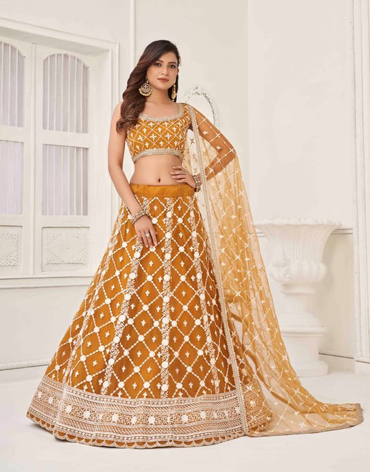 Brown Color Net Fabric Lahenga  With Sequins And Thread Embroidery Work