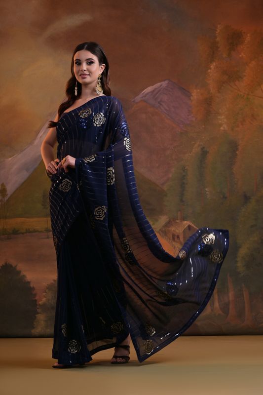 Blue Designer Sequance Embroidery Work Georgette Saree