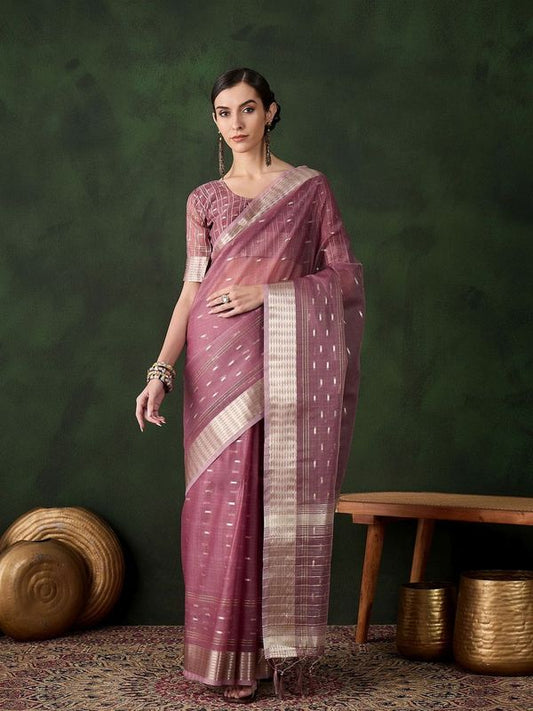 Onion Wevon Jacquard Designer Khadi Organza Saree