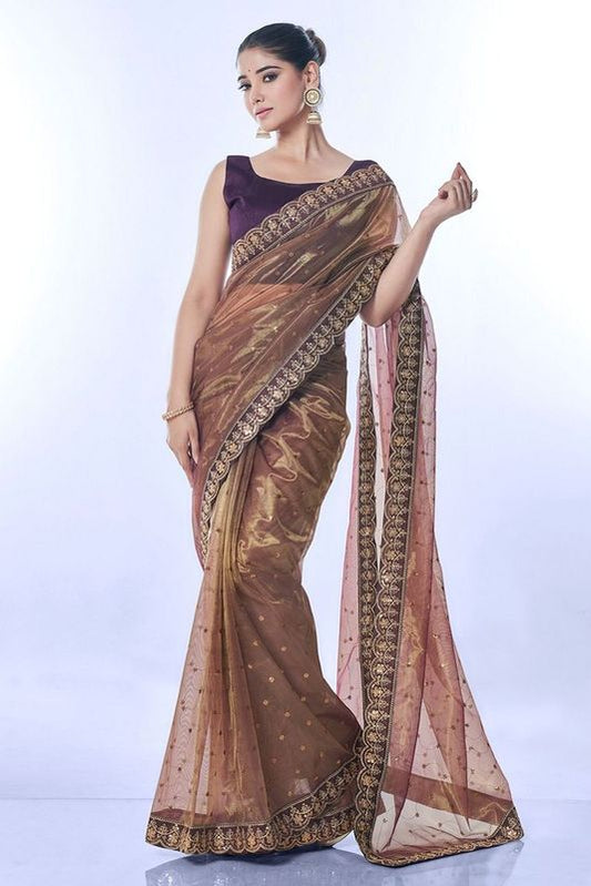 Brown Color Golden Net Partywear Sequins Embroidery Work Ethnic Saree