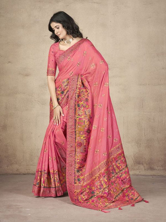 Pink Wevon Thread & Jari Designer & Hand Work Pashmina Silk Saree