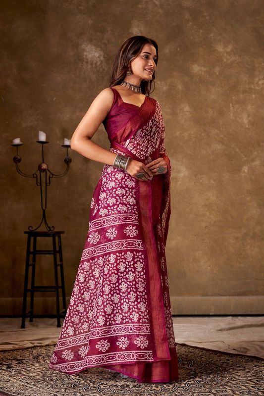 Rani Cotton Printed Saree and Stitched Rani Blouse