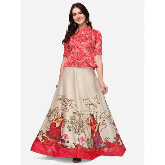 Digital Print Satin Silk Fabric Stitched Lehenga Choli With Jequared Blouse and Assami Silk Thread Work Dupatta For Women and Girls In Festive Party And Traditional Wear