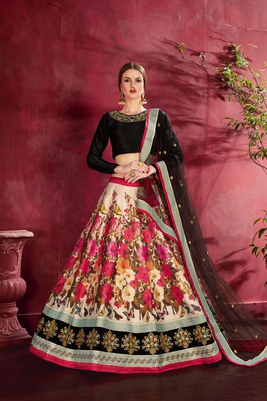 Cream-Multicolor Women's Heavy Silk Embroidery Lehenga Choli