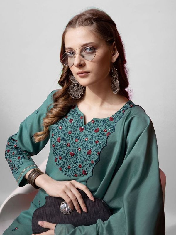 Teal Green Color Cotton Blend Readymade Dress With Designer Embroidery Work