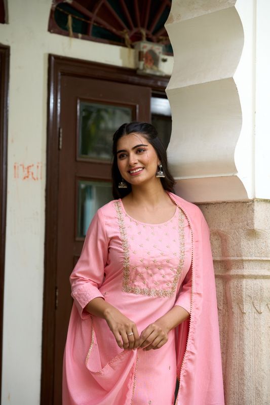 Pink Rayon Slub Straight Kurta