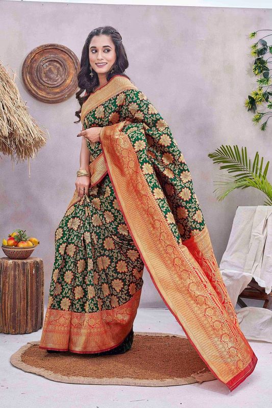 Green Wevon Jacquard Designer Silk Blend Saree