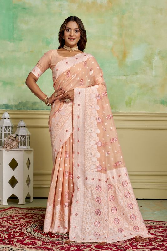 Peach Color Cotton Saree With Graceful Woven Designer Work