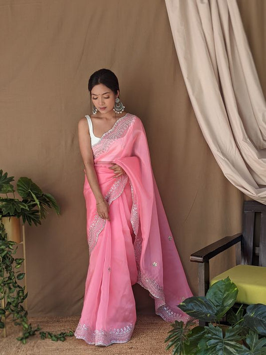 Pink Sequance Embroidery & Hand Work Organza Saree