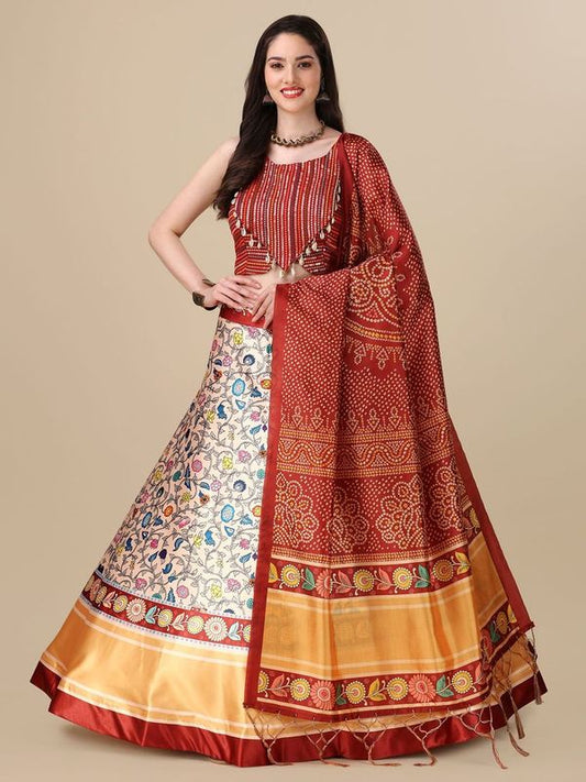 Digital Print Satin Silk Fabric Stitched Lehenga Choli With Jequared Blouse and Assami Silk Thread Work Dupatta For Women and Girls In Festive Party And Traditional Wear