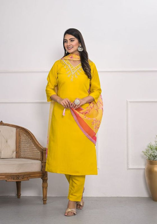 Mustard Color Viscoce Silk Fabric Designer Embroidery Work Salwar Kameez For Ceremonial Looks