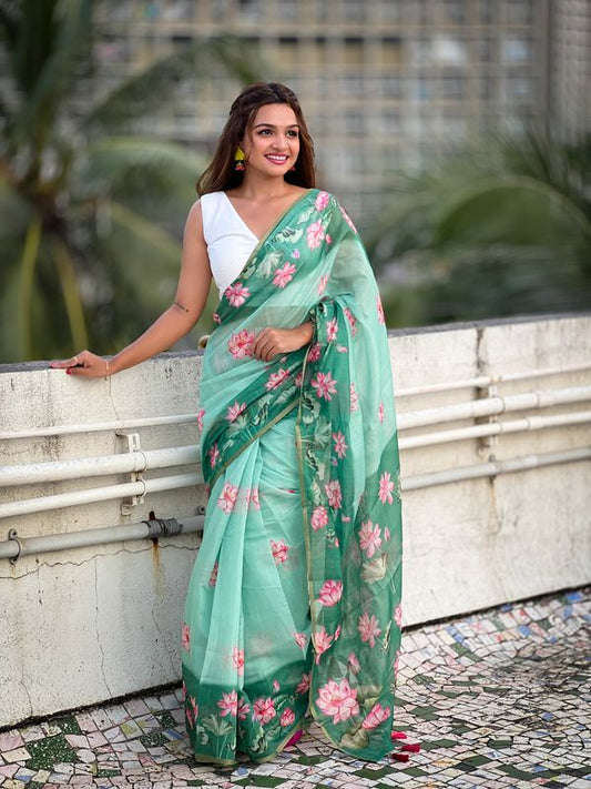 Sea Green Color Chanderi Cotton Designer Digital Printed Festive Partywear Saree