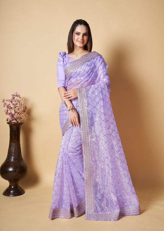 Blue Designer Sequance Embroidery Work Organza Saree