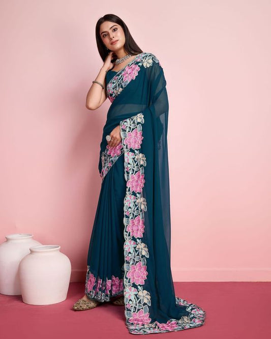 Teal Blue Multy Thread Embroidery Work Georgette Saree