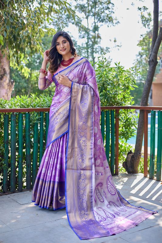 Lavender Wevon Jari Designer Banarasi Handloom Silk Saree