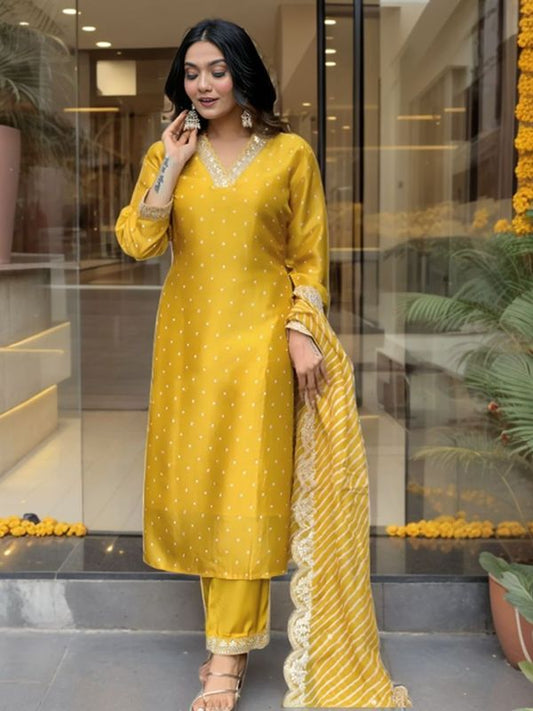 Yellow Color Designer Partywear Muslin   Fabric Embroidered Suit