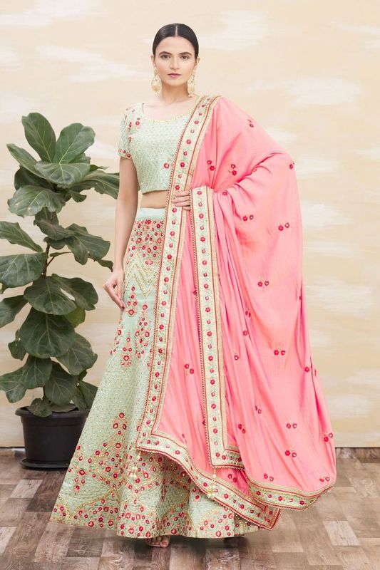 Pista Green Color Silk Fabric Heavy Adorable Wedding Ceremony Lehenga Set