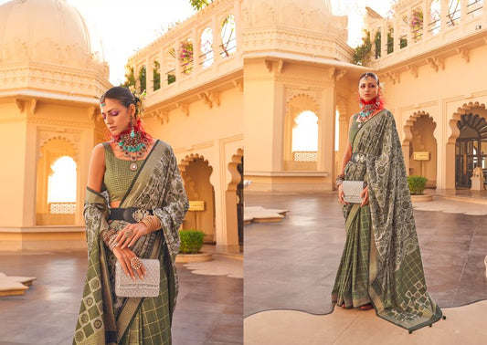 Green Wevon Border Designer & Printed P V Silk Saree