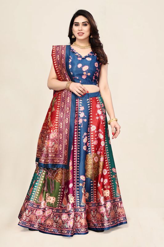 Digital Print Satin Silk Fabric Stitched Lehenga Choli With Jequared Blouse and Assami Silk Thread Work Dupatta For Women and Girls In Festive Party And Traditional Wear