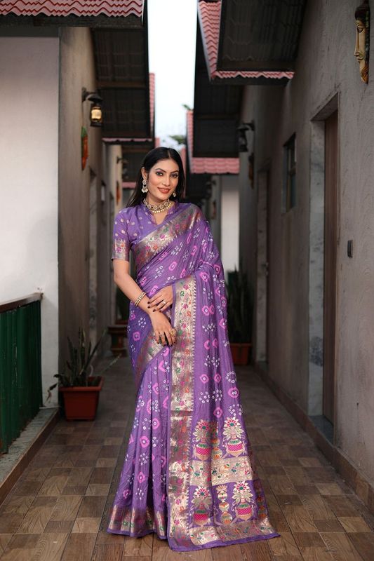 Lavender Wevon Matka Border & Pallu Designer & Bandhej Hand Printed Dola Silk Saree