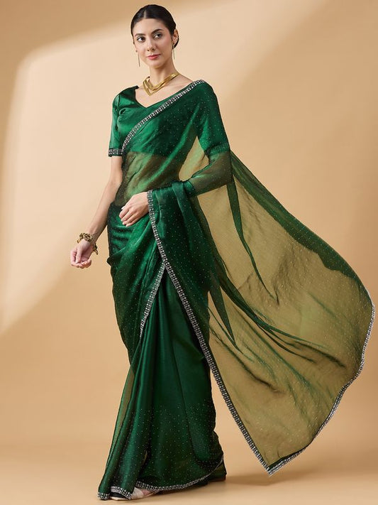 Green Designer Swarovski & Stone Work Organza Saree