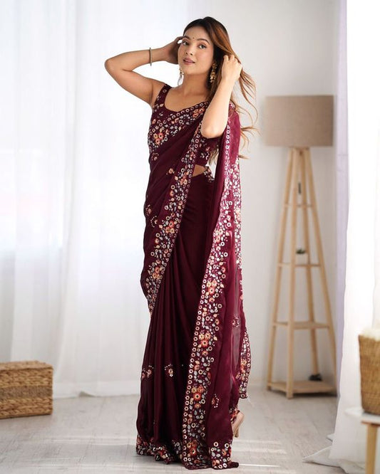 Wine Color Satin Chiffon Fabric Designer Thread And Sequins Work Partywear Saree