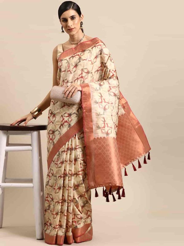 Beige Women's Chanderi Cotton Silk Digital Print Saree