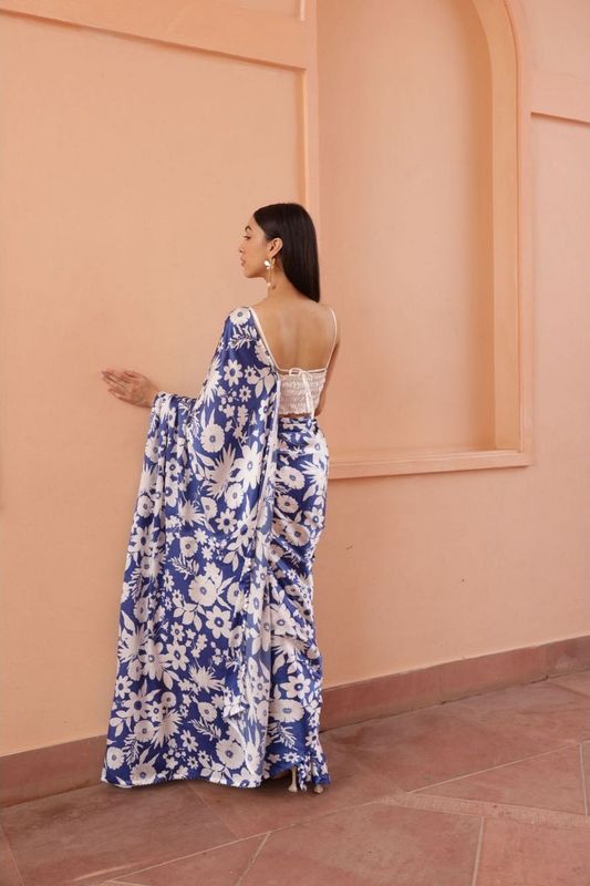 Blue Color Beautiful Designer Nylon Japan Satin Fabric Trendy Girlie Saree