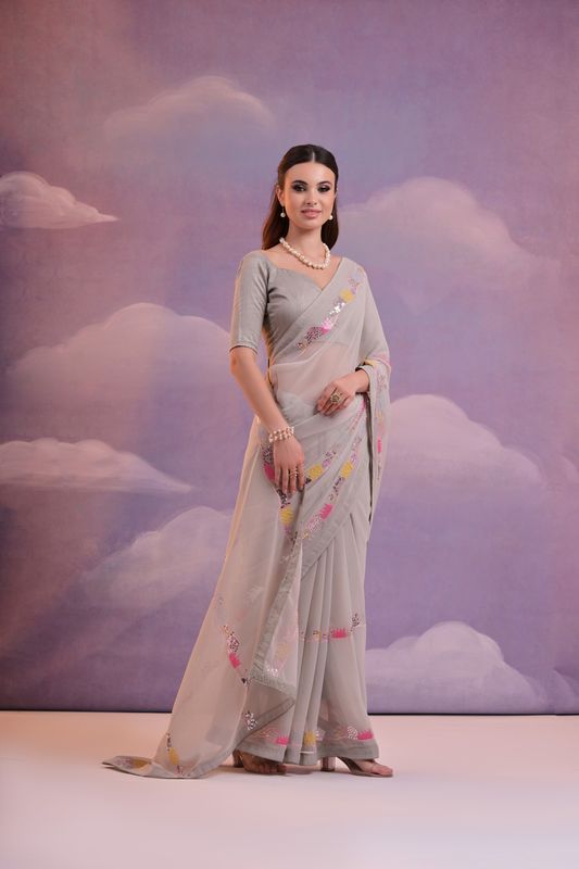 Grey Designer Sequance Embroidery Work Georgette Saree