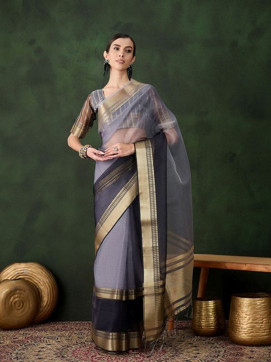 Grey Wevon Jacquard Designer Khadi Organza Saree