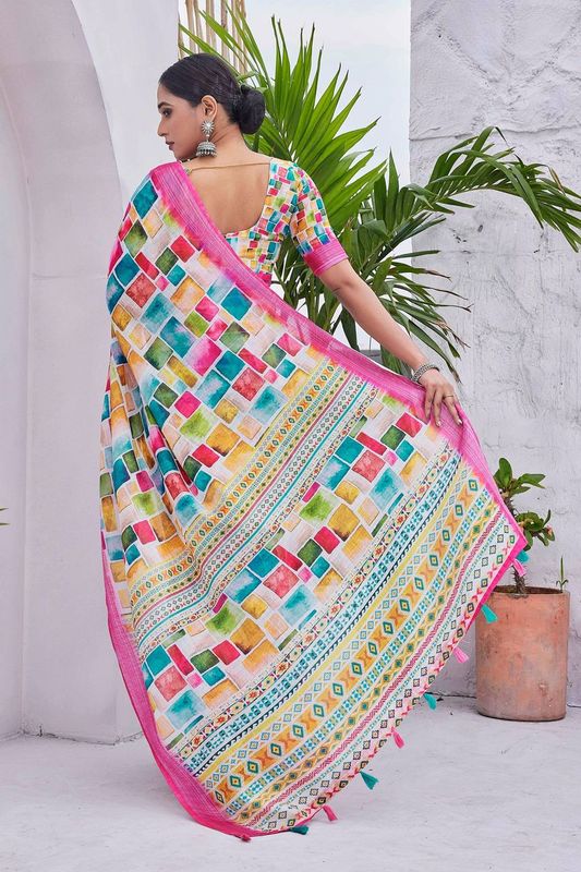 Pink Color Linen Blend Digital Printed Designer For Graceful Festive Looks