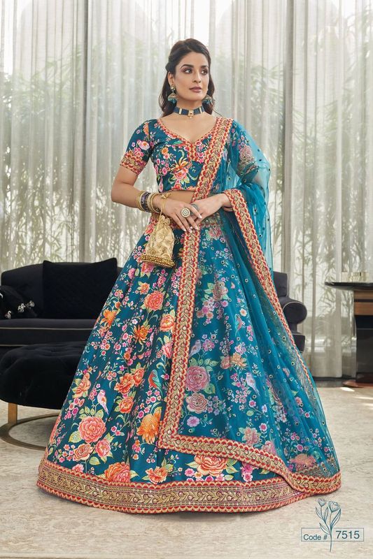 Teal Blue Women's Art Silk Embroidery Lehenga Choli