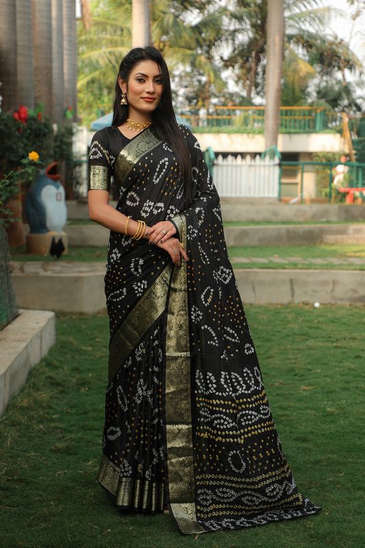 Black Wevon Border Designer & Handmade Bandhej Printed Handloom Silk Saree