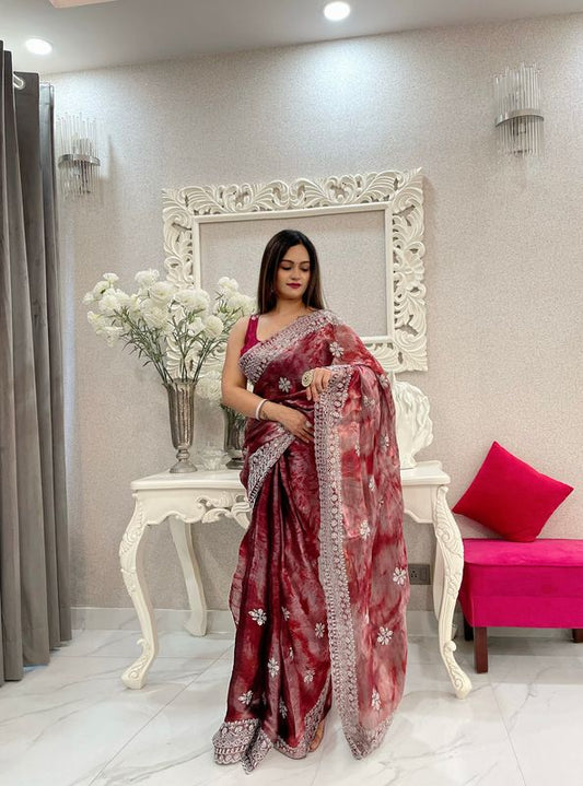 Wine Printed & Silver Jari Embroidery Work Jimmy Choo Saree