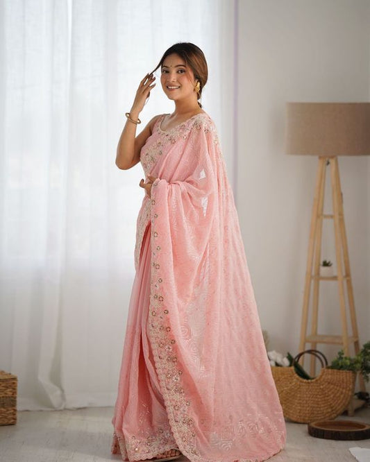 Pink Georgette Coding And Sequins Embroidery Work Trendy Ceremonial Saree