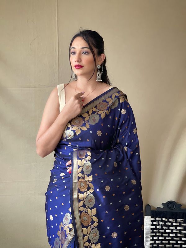 Blue Weaving Jacquard Jari Designer Soft Silk Saree