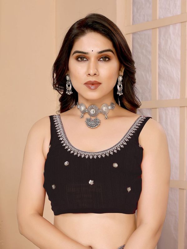 Black Sequance Embroidery Work Zomato Chiffon Saree