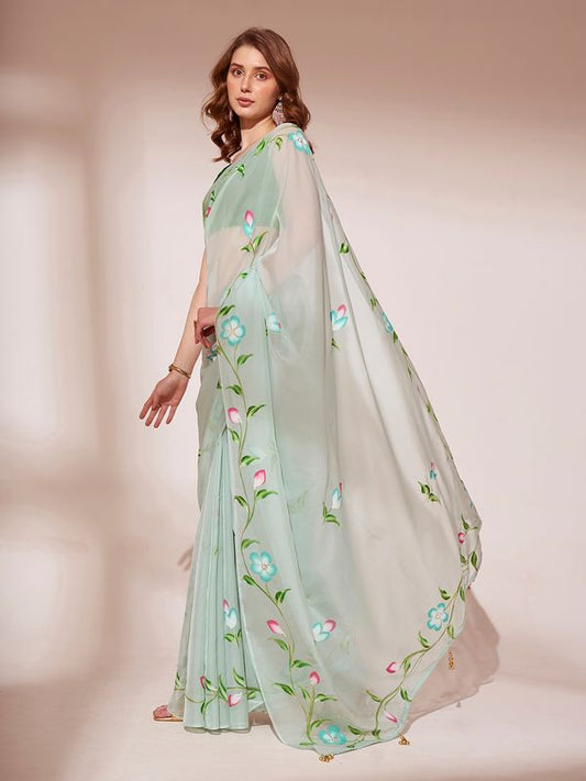 Pista Designer Brush Printed Blooming Organza Saree