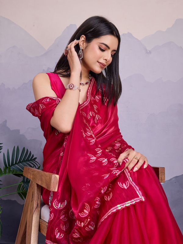 Pink Thread & Sequance Embroidery Work Jimmi Silk Saree