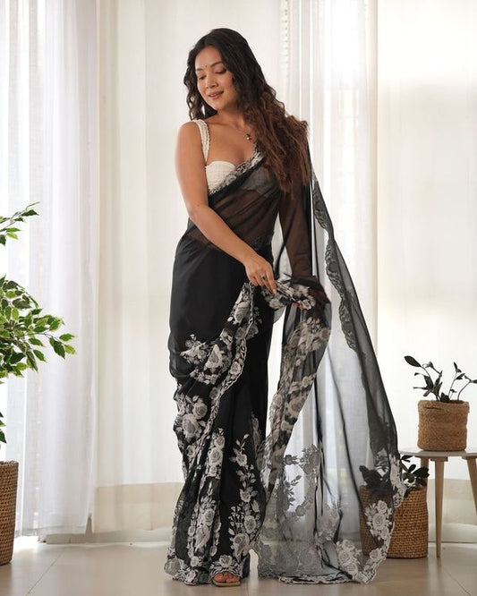 Black Color Thai Organza Silk Fancy Thread Embroidery With Cut Dana Work Saree