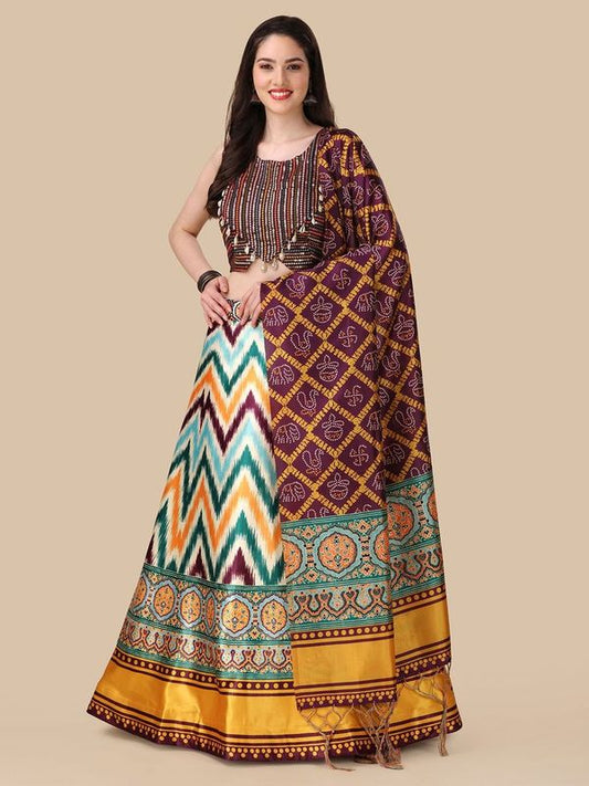 Digital Print Satin Silk Fabric Stitched Lehenga Choli With Jequared Blouse and Assami Silk Thread Work Dupatta For Women and Girls In Festive Party And Traditional Wear