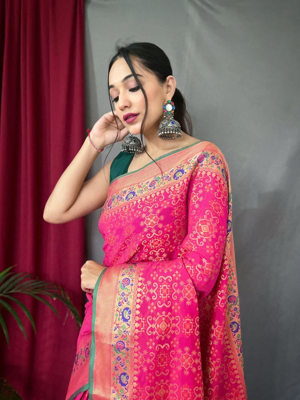 Pink Weaving Jacquard Jari Designer Patola Silk Saree