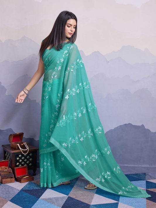 Sea Green Shimmer Chiffon Designer Sequance Embroidery Work Heavy Partywear Trendy Fashion Saree