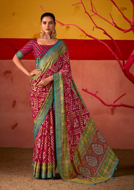 Vivid Burgundy Wevon Border Designer With Patola Printed Silk Saree