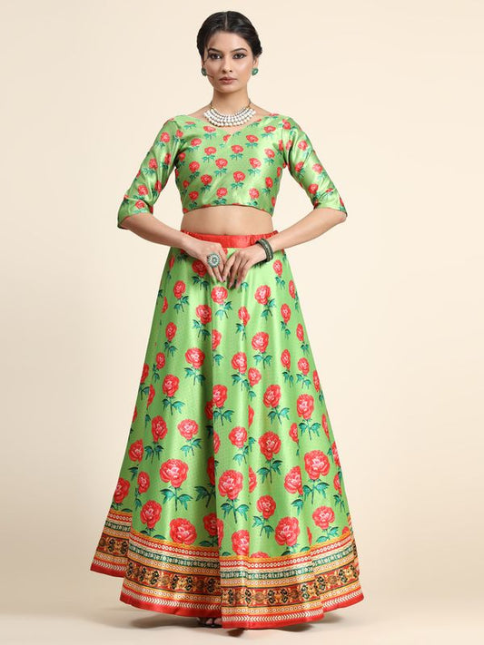 Digital Print Satin Silk Fabric Stitched Lehenga Choli With Jequared Blouse and Assami Silk Thread Work Dupatta For Women and Girls In Festive Party And Traditional Wear