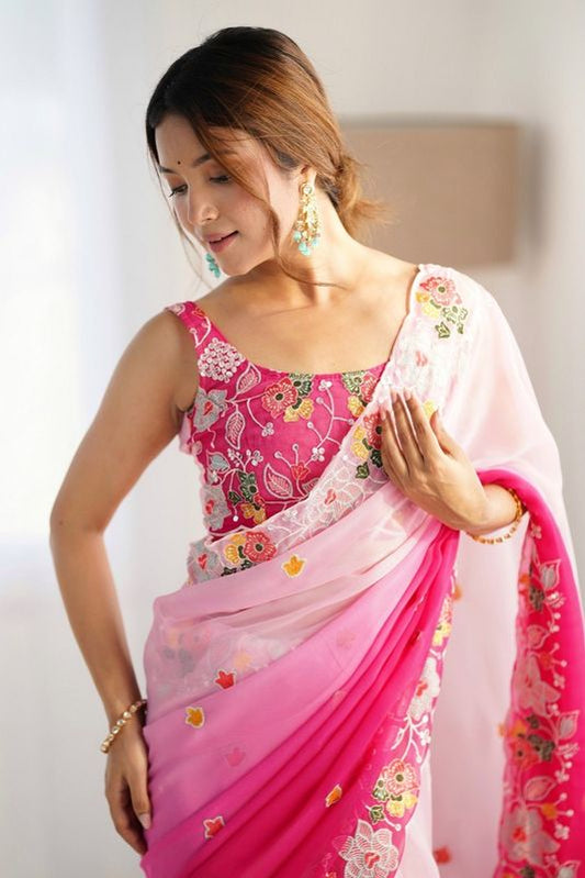 Pink Georgette Fabric Bollywood Style Pedding Color With Embroidery Work Saree